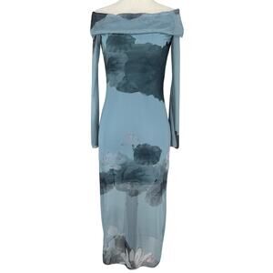 Y2K Floral Midi Dress Womens Size S Blue Sheer Event Stretch Romantic 90s